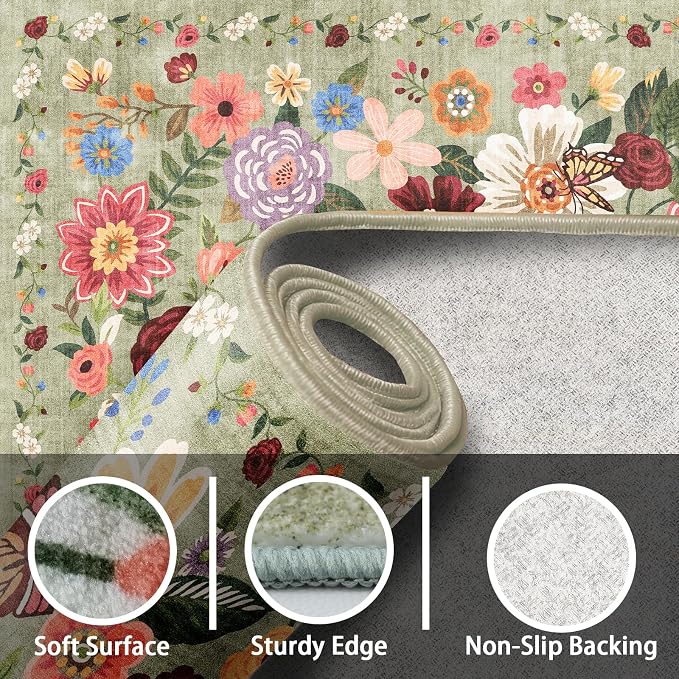 Washable Area Rug 8x10 Green, Large Soft Floral Rug - Image 2
