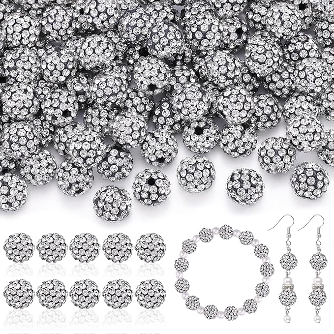 105pcs 10mm Rhinestone Beads for Jewelry Making, Black White Shiny Round Disco Ball Beads Bulk, Sparkle Crystal Clay Christmas for Bracelet Baseball Necklace Earring Crafting and DIY