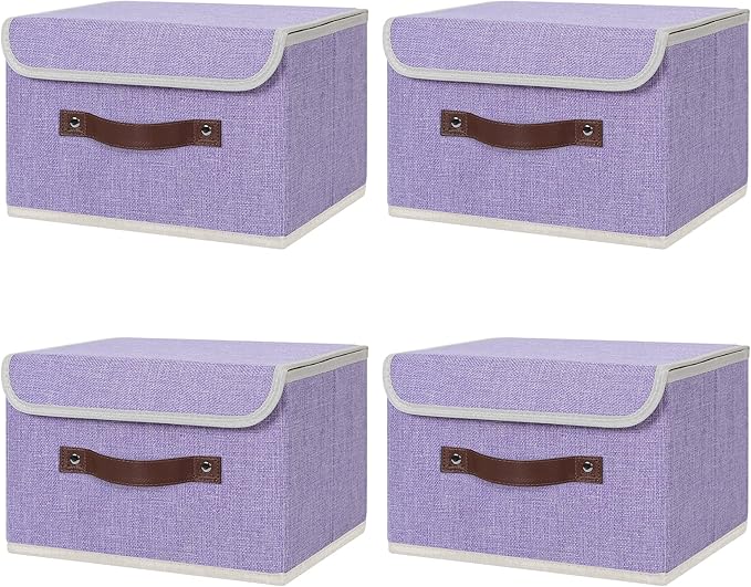 ANMINY 4PCS Storage Bins with Lid PU Leather Handles Storage Boxes PP Plastic Board Decorative Foldable Lidded Cotton Linen Fabric Home Cubes Baskets Closet Organizer Containers - Purple, Small Size
