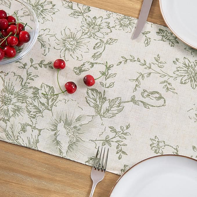 jinchan Green Floral Linen Table Runner 13 x 72 Inch Rustic | Nature-inspired - Image 3