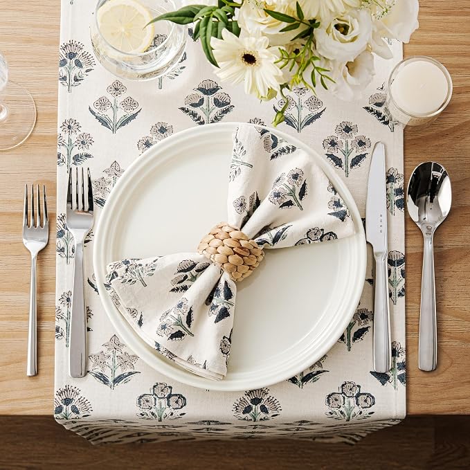 Block Print Floral Decorative Table Runners, 13x72 Inch Grey | 100% Organic - Image 3