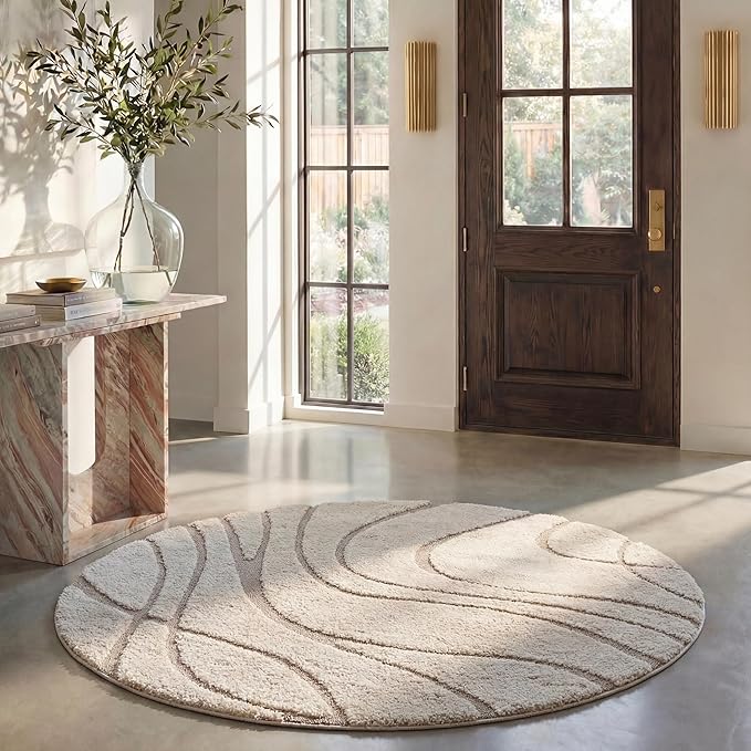 SAFAVIEH Florida Shag Collection 9' Round Cream/Beige SG471 Abstract Wave by Unknown