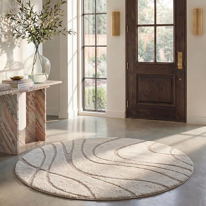 SAFAVIEH Florida Shag Collection 4' Round Cream/Beige SG471 Abstract Wave by Unknown