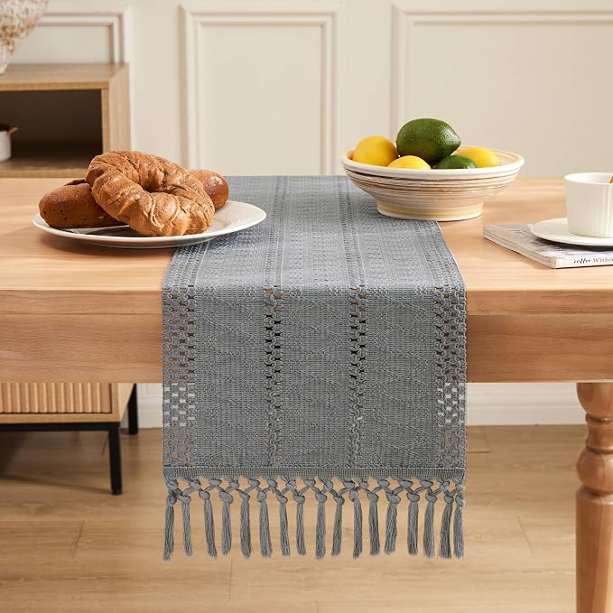 Macrame Style Boho Table Runner, 12x36 Inch Light Blue Grey | Woven Boho Table - Image 2