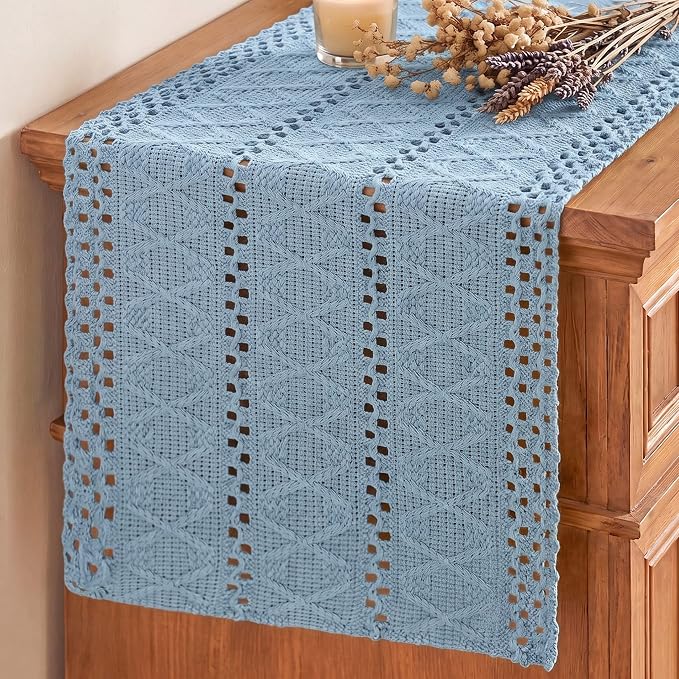 Artoid Mode Sky Blue Woven Farmhouse Hollow Table Runner 12x60 Inch | Holiday by ArtoidMode