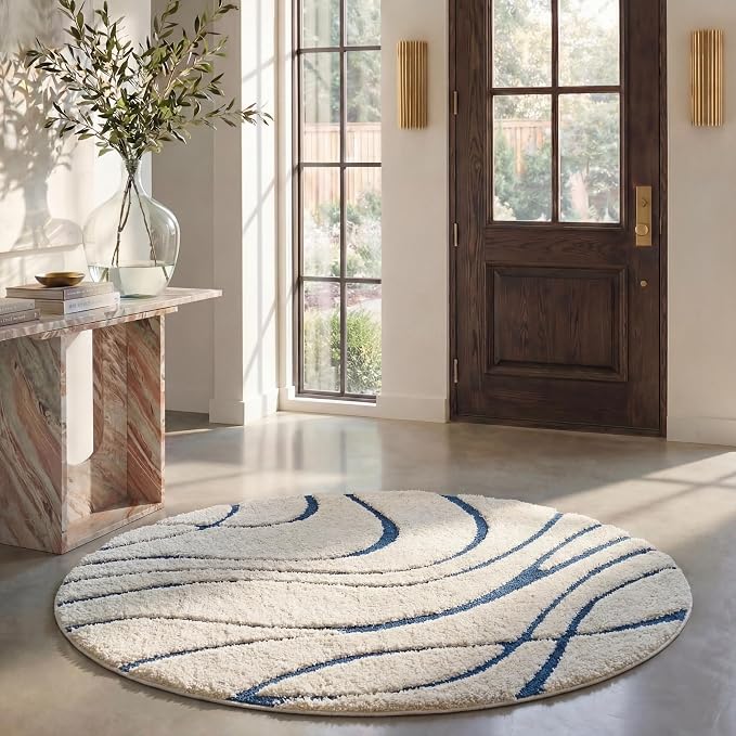 SAFAVIEH Florida Shag Collection 6'7" Round Cream/Blue SG471 Abstract Wave by Unknown
