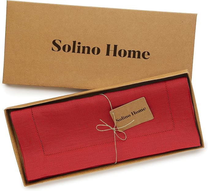 Solino Home 100% Pure Linen Table Runner Red, Classic Hemstitch 14 x 120 in | - Image 5