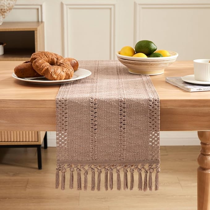 Macrame Style Boho Table Runner, 12x48 Inch Taupe | Woven Boho Table Runner - Image 2
