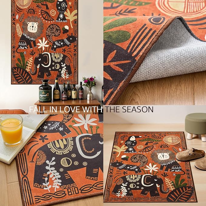 jinchan 5ft Cute Round Rug Kids Washable Fun Rug Terracotta Boho Jungle Indoor - Image 6