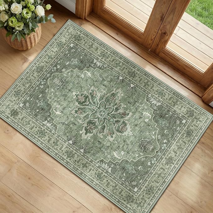 RELEANY Area Rugs Small 2'x4' Washable Non-Slip, Floral Vintage Distress by RELEANY