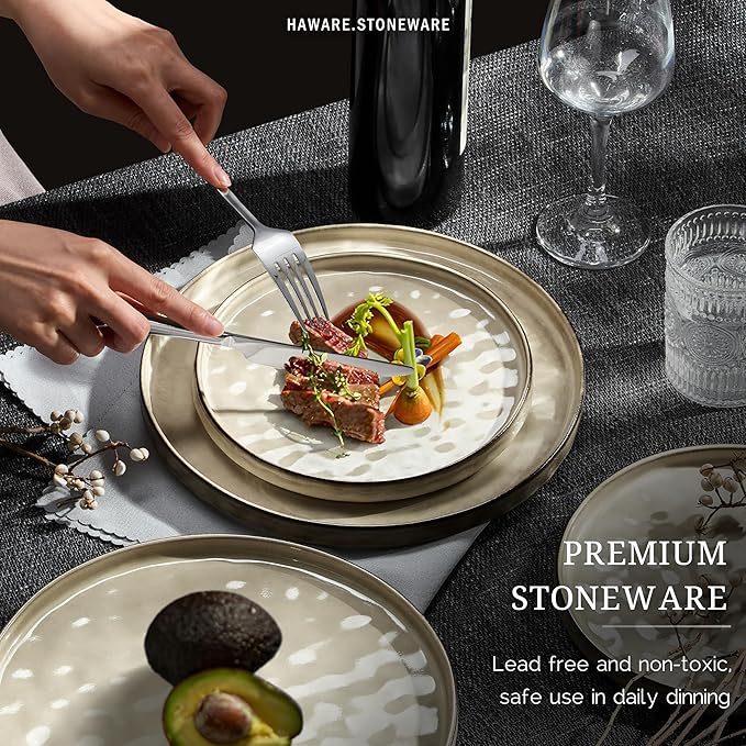 HaWare Dinnerware Sets, 12-Piece Plates and Bowls Set, Saturn Khaki | Stoneware - Image 4