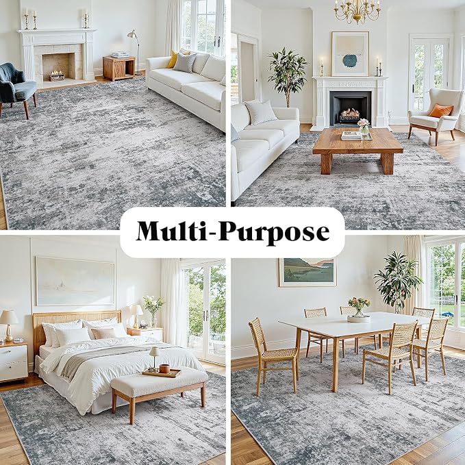 Area Rug 10x14 Living Room Rug Washable: No-Slip Abstract Soft Thin Large Gray - Image 8
