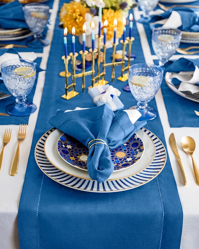 Solino Home 100% Pure Linen Table Runner Indigo Blue Hemstitch, 14 x 48 in | - Image 2