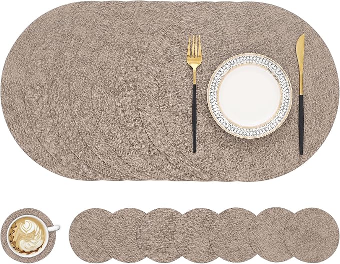 Round Faux Leather Placemat and Coaster 8 Packs, Washable Heat Resistant Dining by homing