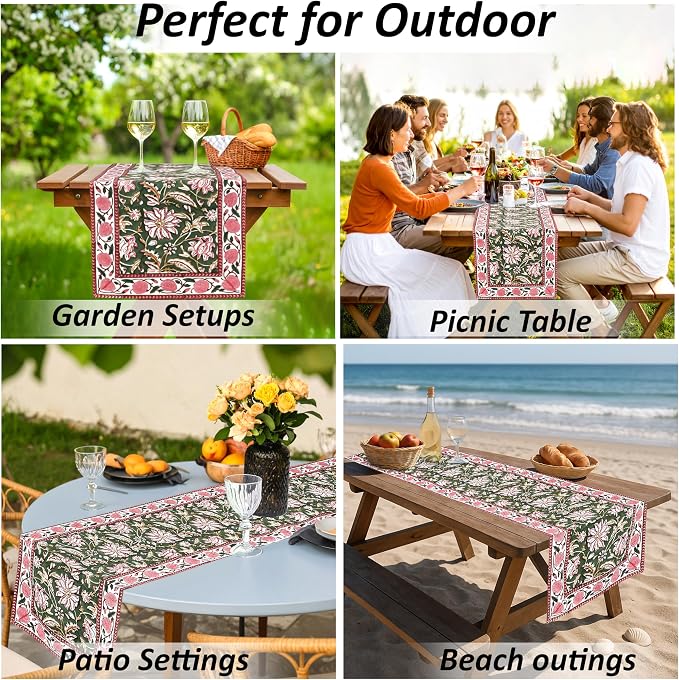 Hunter Green Hand Block Print 100% Cotton Reusable Table Runner 16" X 90" - Image 8