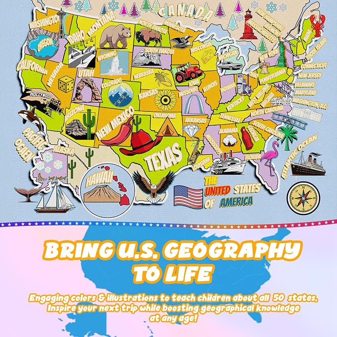 Educational USA Map Area Rug 4x6, Playroom Bedroom Classroom Rug - Image 2