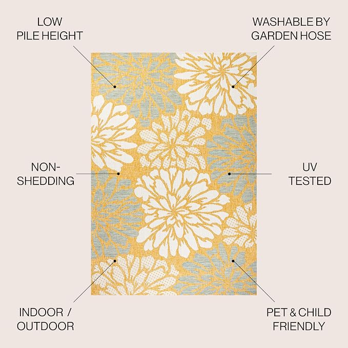JONATHAN Y Floral Textured Weave Indoor Outdoor Round Area Rug 5 Ft Yellow/Cream - Image 2