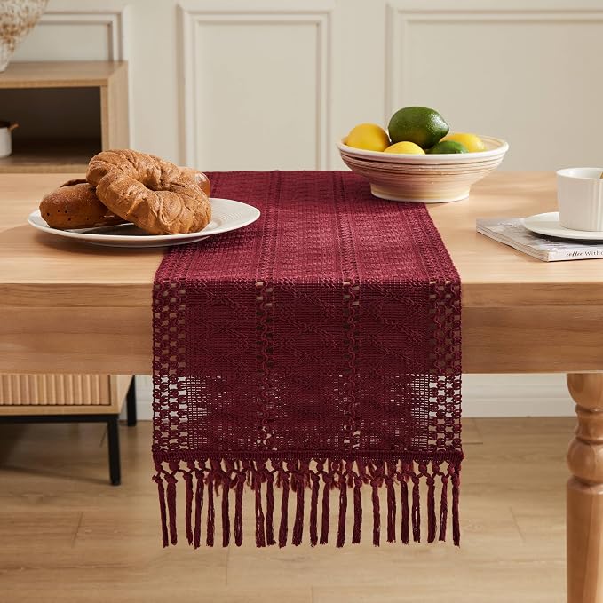 Macrame Style Boho Table Runner, 12x90 Inch Burgundy | Woven Boho Table Runner - Image 2