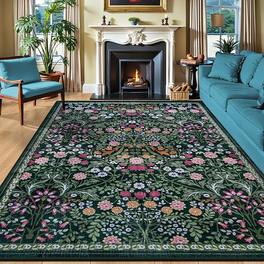 10x14 Area Rugs for Living Room: Floral Washable Rug Vintage Large Soft Boho Non-Slip Carpet Stain Resistant Low Pile Carpets for Bedroom Dining Room Farmhouse Nursery Hallway Home Office Dark Green