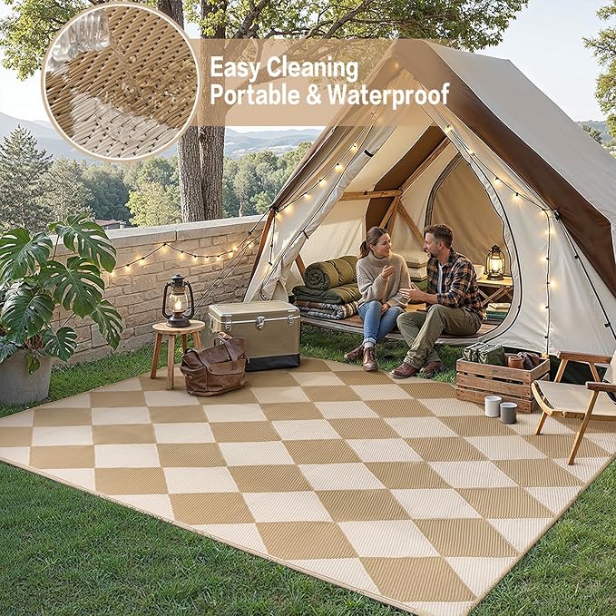 Outdoor Plastic Checkered Rug Waterproof Patio 6x9 Beige Brown Diamond Geometry - Image 6