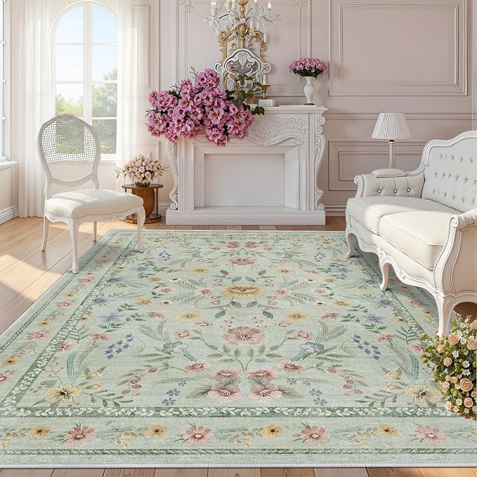 Green Floral Rug for Girls, 6x9 Washable Botanical Bedroom Rug for Nursery by Dadasgk