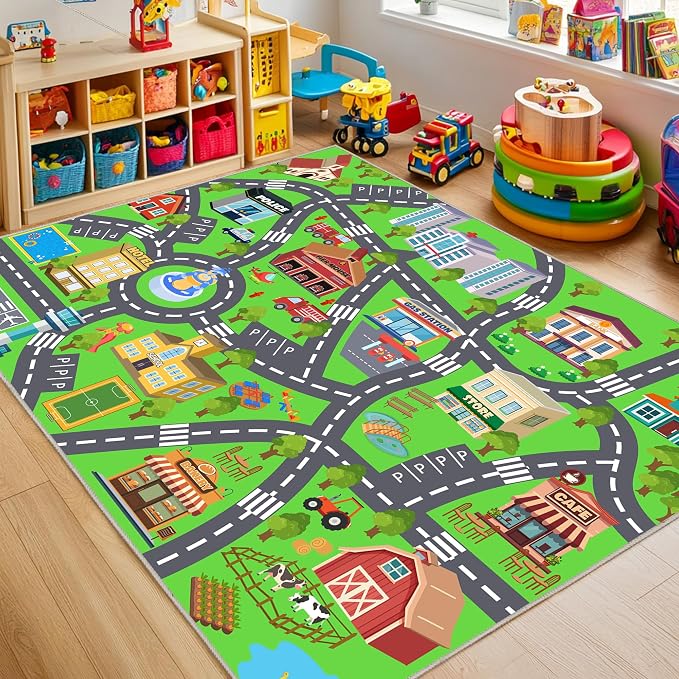 Kids Room Rug - Soft & Non-Slip 7x9 Ft Town Car Rug City Map Play Mat, by OHDS