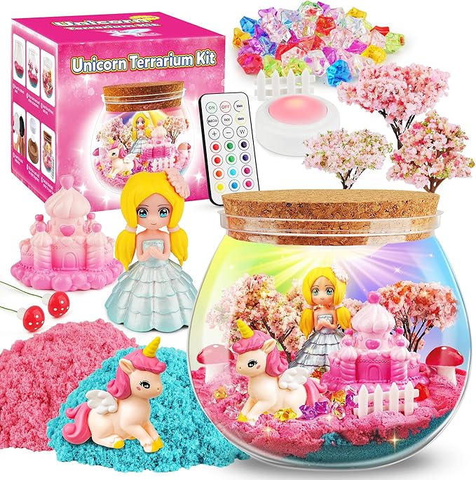 D-FantiX Unicorn Princess Toys Terrarium Kit for Kids, Led Night Light Birthday for Little Girls, DIY Arts and Crafts Science Kit for Kids Age 3 4 5 6 7 8-12 Year Old