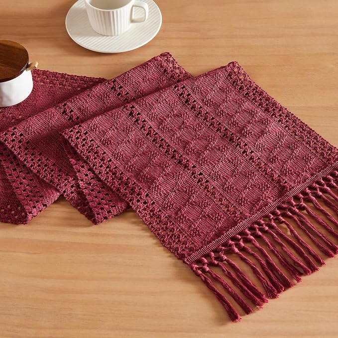 Macrame Style Boho Table Runner, 12x36 Inch Burgundy | Woven Boho Table Runner by ZEEMARTONLINE