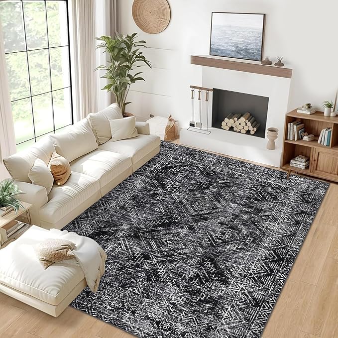 COZYLOOM Black Rug for Living Room 9x12 Machine Washable Area Rugs Modern Abstract Door Mats Non Slip Stain Resistant Geometric Accent Carpet for Bedroom, Dining Room, Nursery