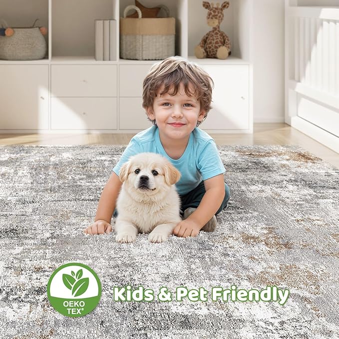 10x12 Area Rug Living Room: Washable Large Abstract Modern Soft Rugs Stain Resistant Indoor Floor Non Slip Accent Carpet for Bedroom Nursery Playroom Office Dining Room Dorm Home House- Gray Rust