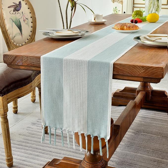Wracra Linen Table Runner, Stripe Table Runners 72 Inches Long Aque Blue | - Image 7