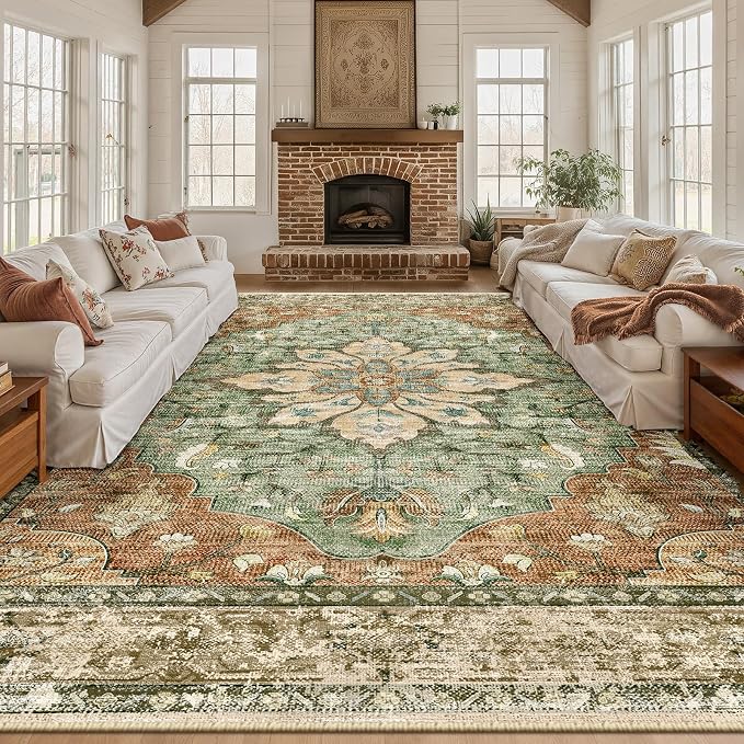 RELEANY Area Rugs Large 9'x12' Washable Non-Slip, Floral Vintage Distress - Image 2
