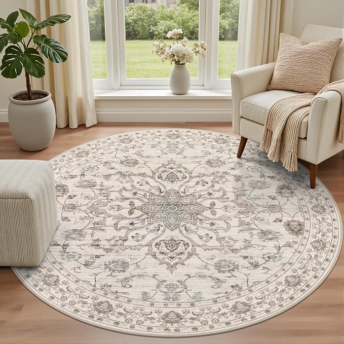 Round Area Rug for Living Room: 4 ft Washable Vintage Boho Soft Thin Circle Rug - Image 2