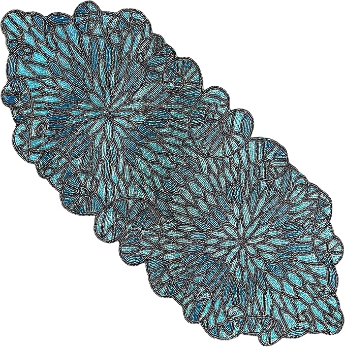 Beaded Table Runner, Floral Art Deco, 13x36 in, polyester backing, sapphire blue by CLEENTABLE