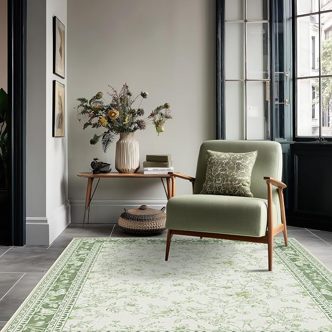 Green and Cream Area Rug 3x5 for Entryway Machine Washable Small Rug for Indoor - Image 3