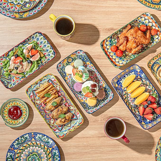 Henten Home Ceramic 10 Inch Salad Plates, Colorful Rectangular Plate Set of 6 - Image 6