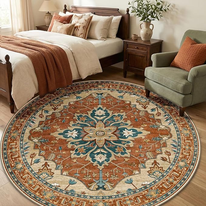 RELEANY Area Rugs Round 6ft Washable Non-Slip, Floral Vintage Distress by RELEANY