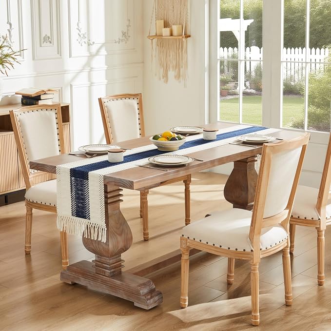 Macrame Style Bicolor Stitching Table Runner 14x108in Navy Blue | Woven Boho - Image 2