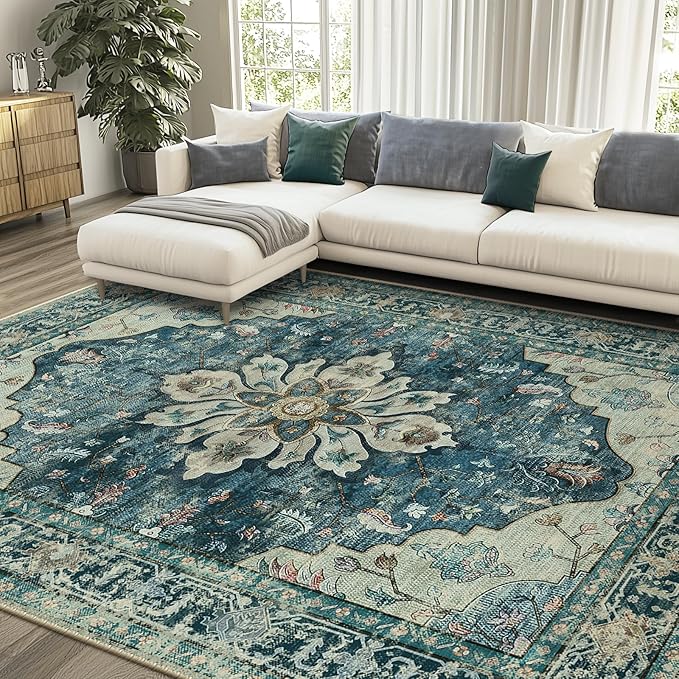 RELEANY Area Rugs 7'x10' Washable Non-Slip, Floral Vintage Distress Medallion by RELEANY