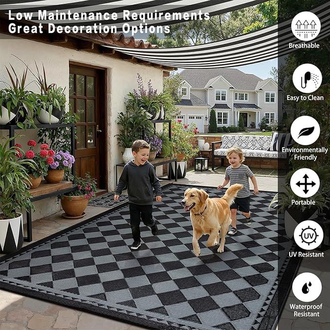 HUGEAR Outdoor Waterproof Rug 9'x12' Plastic Straw Rugs Washable Reversible - Image 3