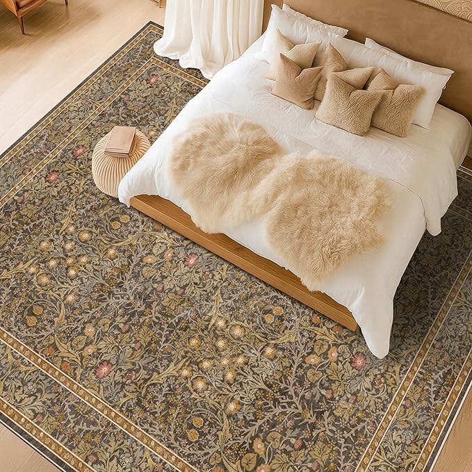 Vintage Gold Brown Living Room Rug, 7x10 Washable Area Rugs - Image 3