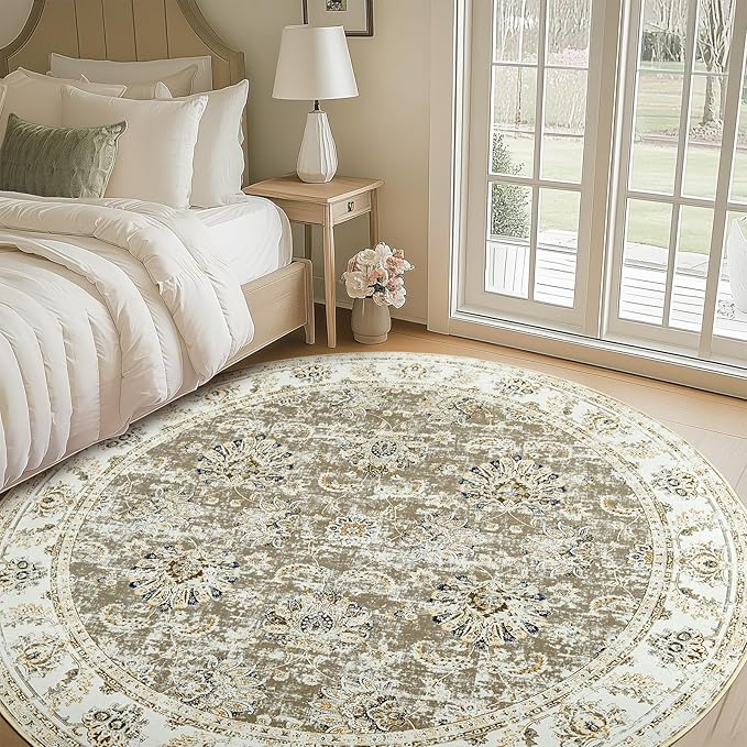 jinchan Round Rug 7ft Area Rugs - Vintage Floral Distressed Design Machine Washable Non-Slip Low-Pile Ultra-Thin Circle Rug for Living Room Dining Room Bedroom Home Office Farmhouse (7' Round,Taupe)