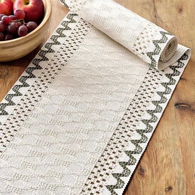 Macrame Side Trim Boho Woven Table Runner, Moss 12x72 Inch | Crochet Hollow - Image 4
