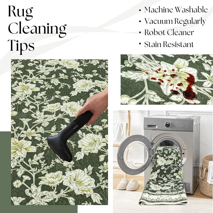 Olive Green Floral Print Area Rugs - Image 5