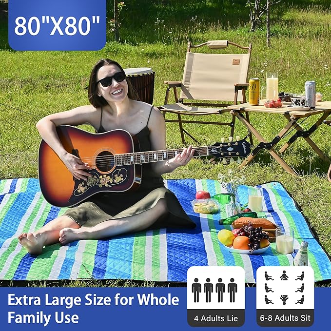 HX&OD Outdoor Picnic Blanket Extra Large, 80''*80'' Waterproof Picnic Mat with Stakes Foldable Camping Blanket Portable with Carry Strap for Beach Mat (Blue, 80''*80'')