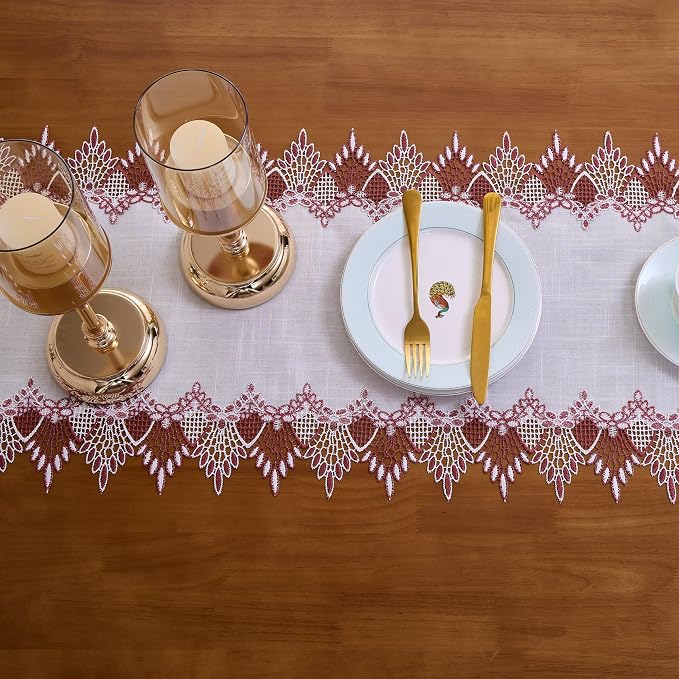 White Sheer Lace Table Runner Dark Red 120" Christmas Table Runners | Red White - Image 4