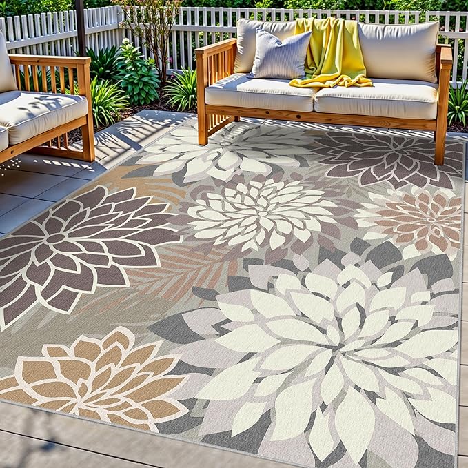 6x9 Outdoor Area Rug Washable Multicolored Patio Rug Tropical Botanical Floral by ArenaRug