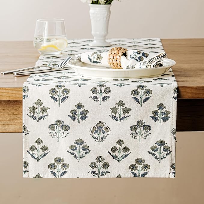 Block Print Floral Decorative Table Runners, 13x90 Inch Olive | 100% Organic by Unknown