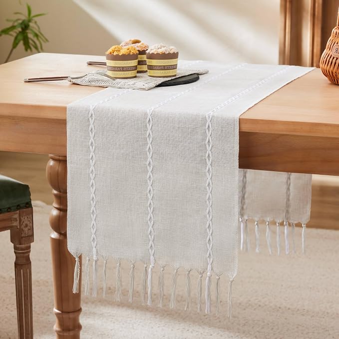 Braided Farmhouse Table Runner, Braided Light Grey 13x72 Inch, Cotton Linen by Unknown
