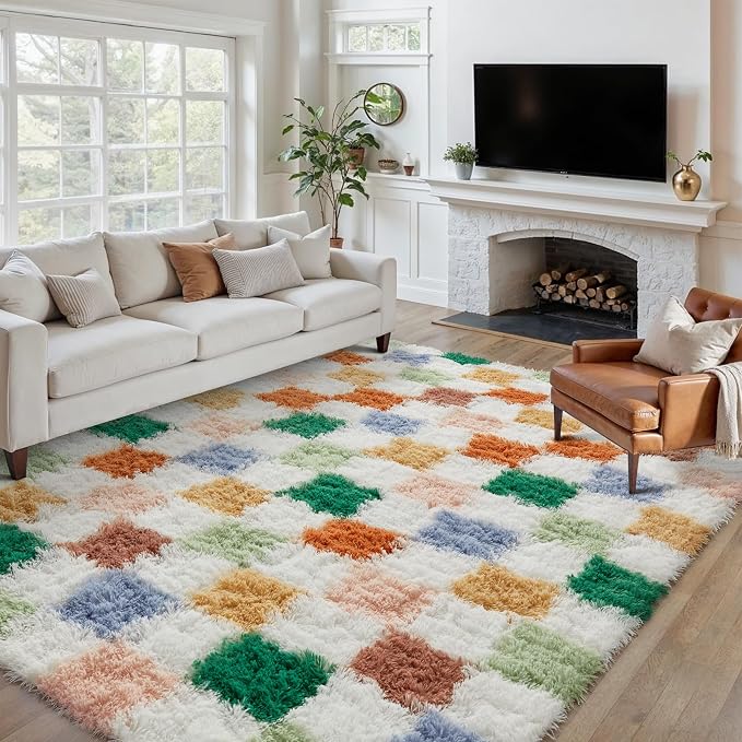 PureCozy Checkered Rug 5x8 for Living Room, Modern Neutral Shag Rug Super Soft by PureCozy